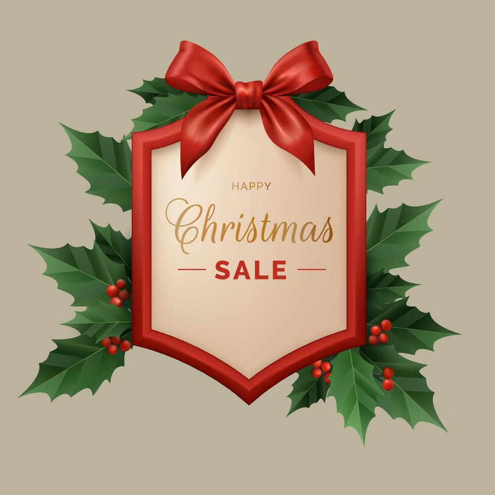 A festive 3D Christmas banner with a mistletoe arrangement of a frame, realistic holly leaves, and a decorative bow, ideal for holiday greetings, invitations, or sale promotions. Not AI. vector