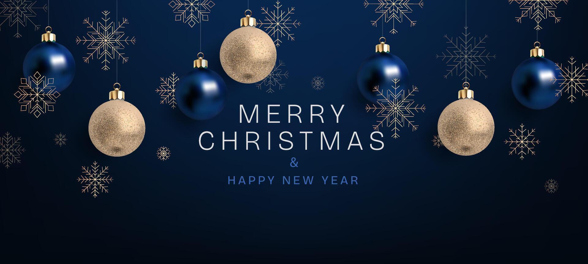 Merry Christmas and Happy New Year banner with glowing gold and blue spheres, snowflakes, elegant ornaments, set against a wintery background. Perfect for holiday greetings. Not AI. vector