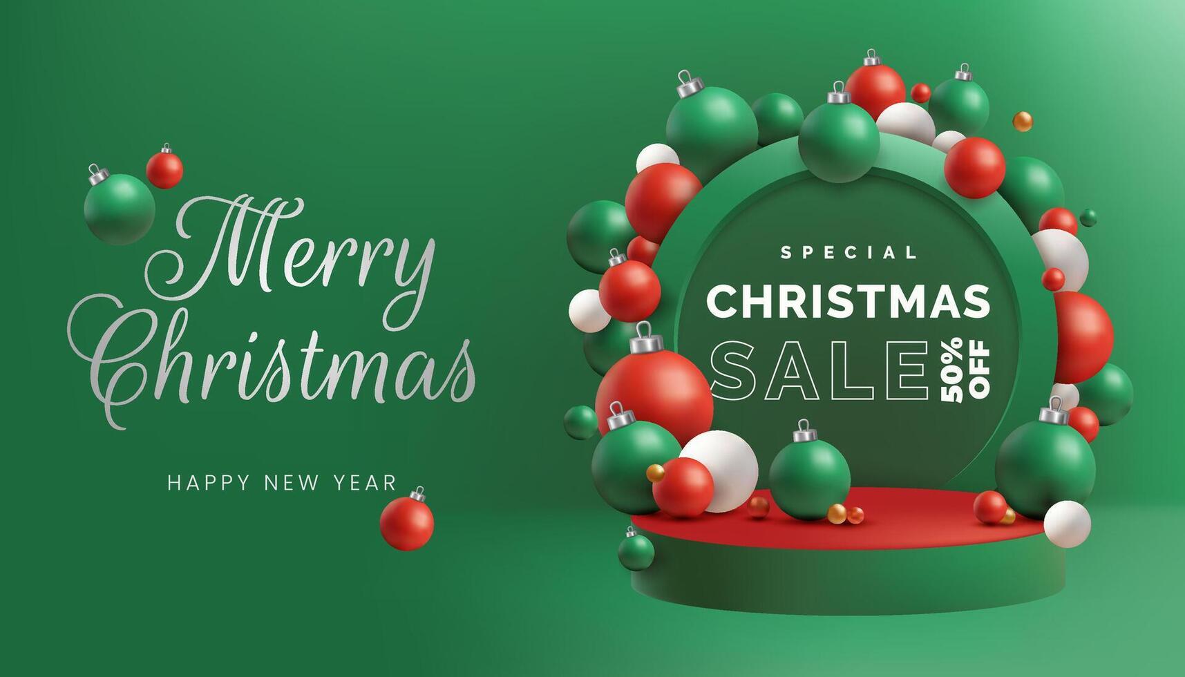 A green and red 3D Christmas podium scene with shiny holiday spheres hanging above, ideal for festive promotions, gift displays, or greeting card templates. Sale banner. Modern and elegant. Not AI. vector