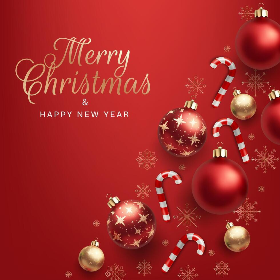 Merry Christmas and happy new year banner. Red and gold color glass sphere toys. Candy canes. Abstract background ideal for cards, posters, and celebrations. Not AI. vector