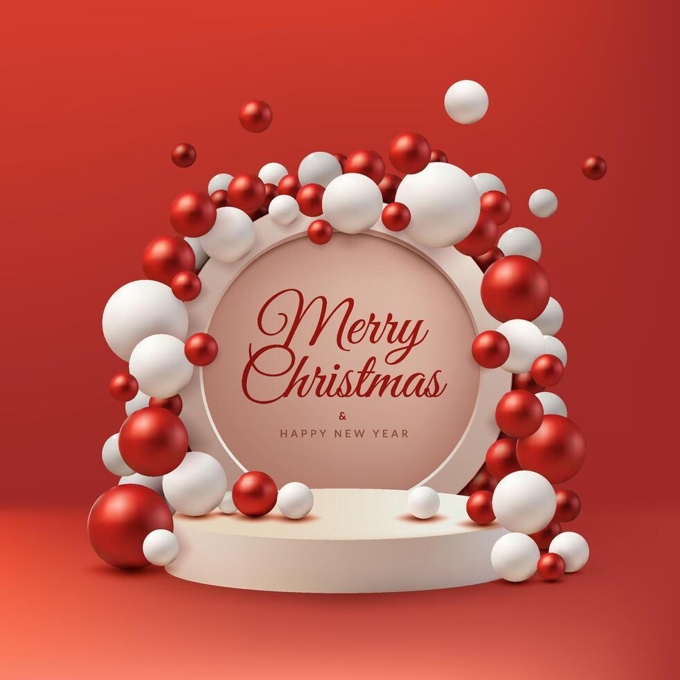 A red and white 3D Christmas podium scene with shiny holiday spheres hanging above, ideal for festive promotions, gift displays, or greeting card templates. Modern and elegant. Not AI. vector