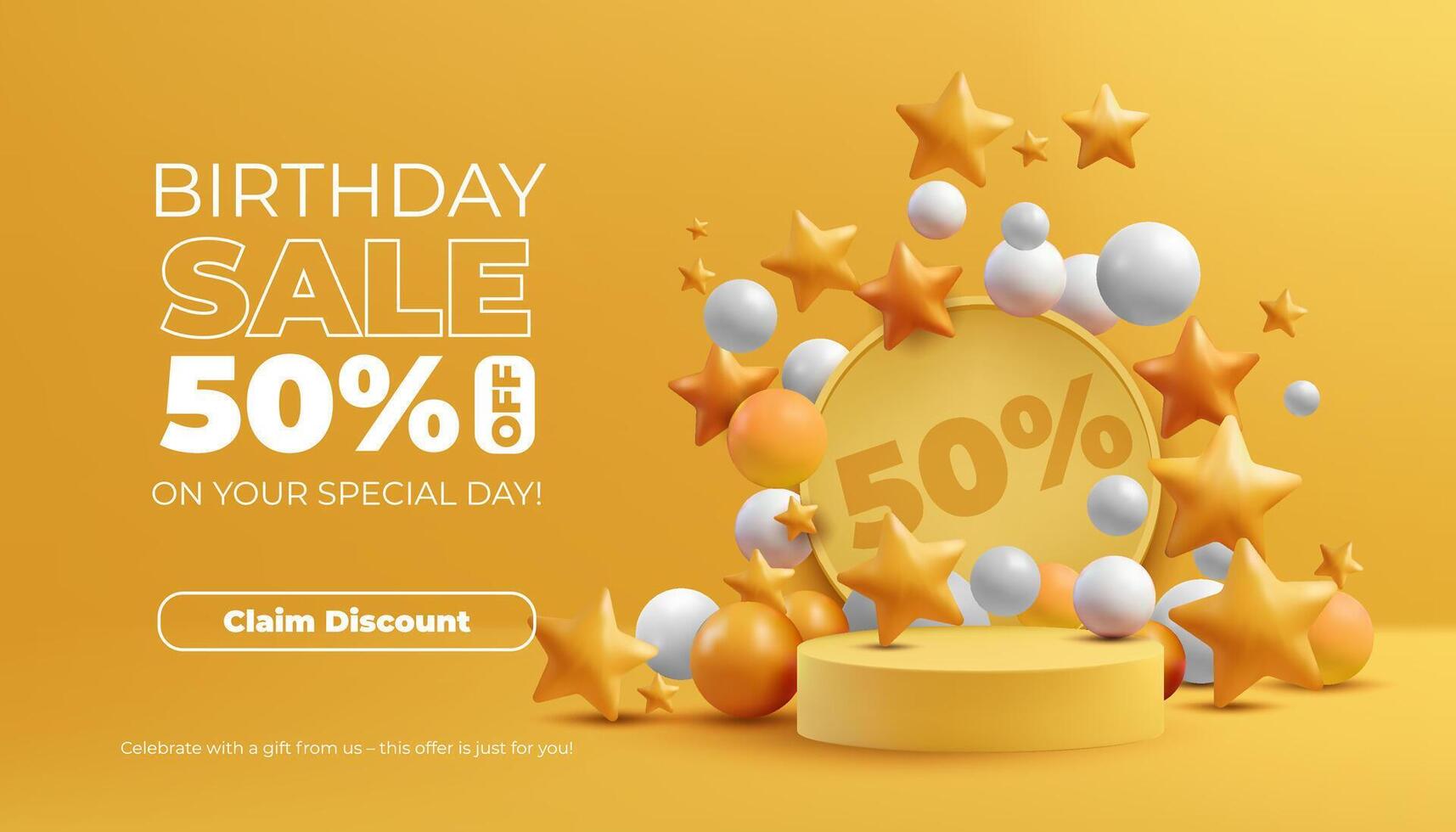 Sale banner. A 3D yellow podium with 3d balls and stars minimalist design. Ideal for product displays, awards, or discount presentations. Not AI. vector