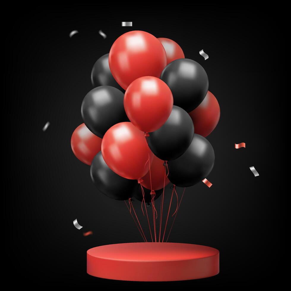 Black Friday 3D banner featuring red and black balloons, confetti, and a podium. Perfect for retail promotions, web banners, or posters with an elegant, festive vibe. Not AI. vector