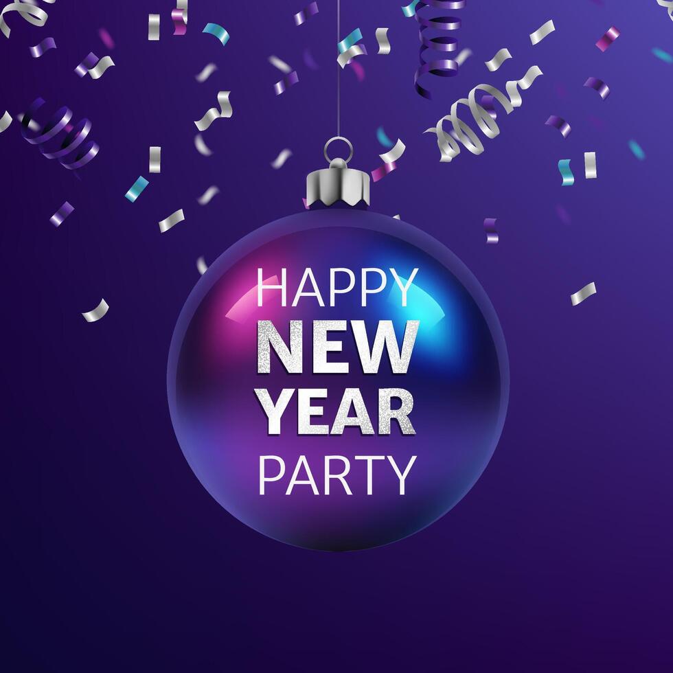 A festive New Year party banner with neon 3D sphere, confetti in blue and purple tones. Shiny and abstract, perfect for winter celebrations, greeting cards, and invitations. Not AI. vector