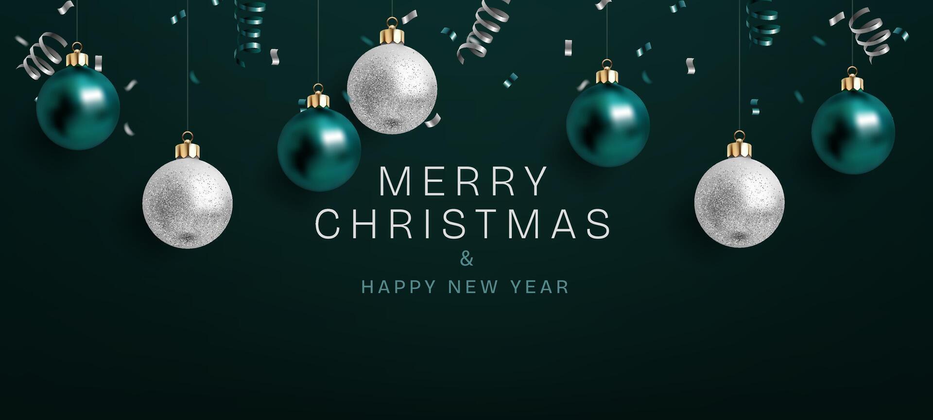 Merry Christmas and happy new year banner. Green and silver color glass sphere toys. Snowflakes shining. Confetti falling. Abstract background ideal for cards, posters, and celebrations. Not AI. vector