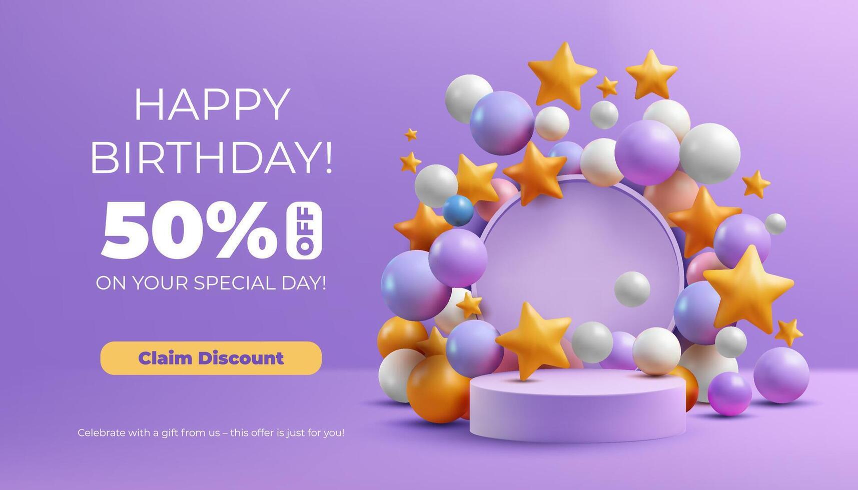 Sale banner. A 3D purple podium with 3d balls and stars minimalist design. Ideal for product displays, awards, or discount presentations. Not AI. vector