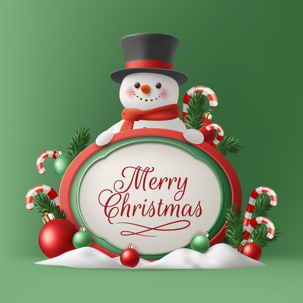 A festive 3D Merry Christmas banner with snowman on a podium with candy canes, balls and seasonal frame decorations in red and green. Perfect for holiday greetings, posters, or cards. Not AI. vector