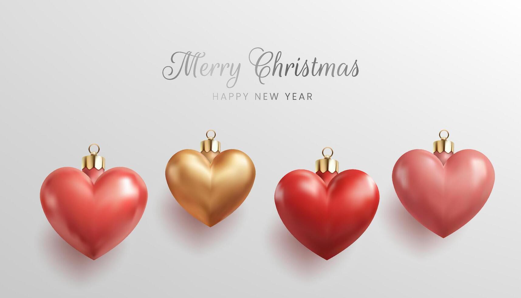 3D shiny Christmas tree Heart shape glass toys in pink, red, and gold. The glossy hearts are isolated on a white background, spheres perfect for holiday decor and greeting cards. Not AI. vector