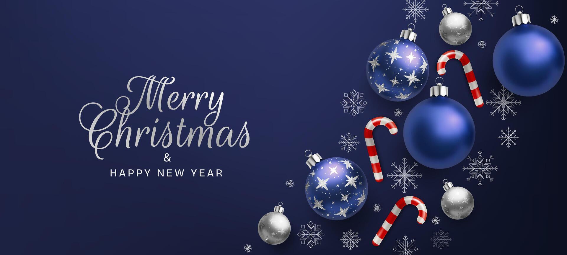 A festive Merry Christmas and Happy New Year illustration silver and blue spheres, red candy canes, and snow accents. Festive background ideal for cards, posters, and celebrations. Not AI. vector