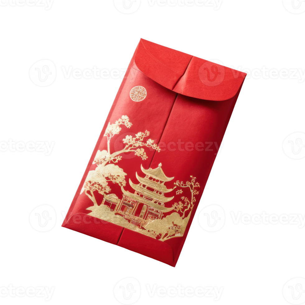 Red envelope with gold embossed illustration of traditional Chinese pagoda and floral branches. Elegant design for Chinese New Year symbolizing prosperity and heritage. png