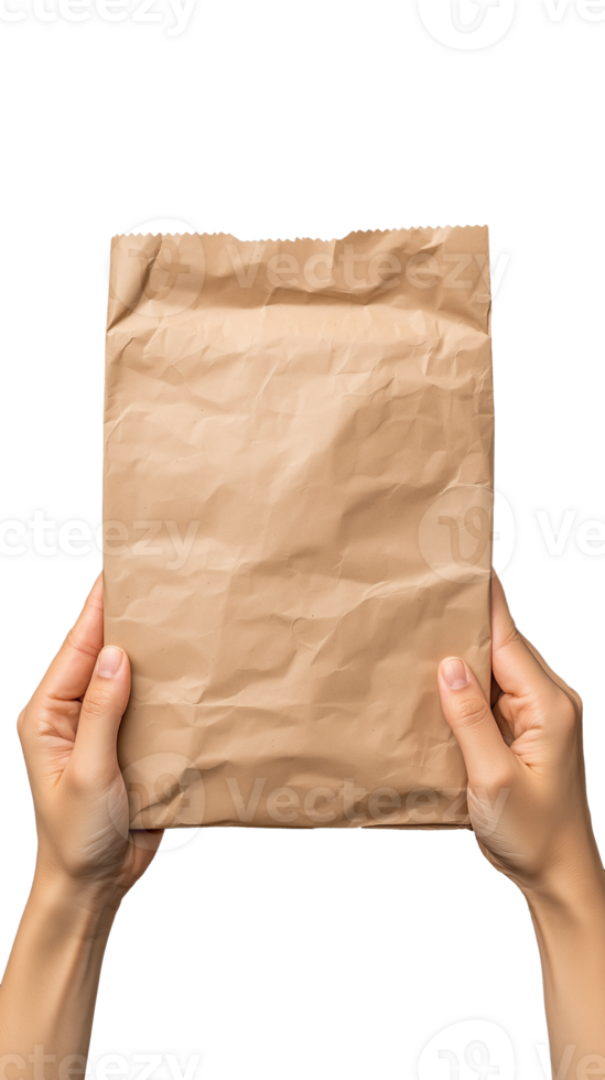 Hands holding brown paper bag with rustic texture on transparent background png