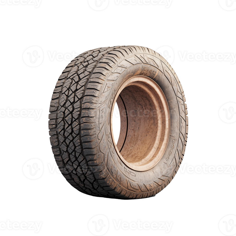 Worn car tire with detailed tread texture on transparent background png