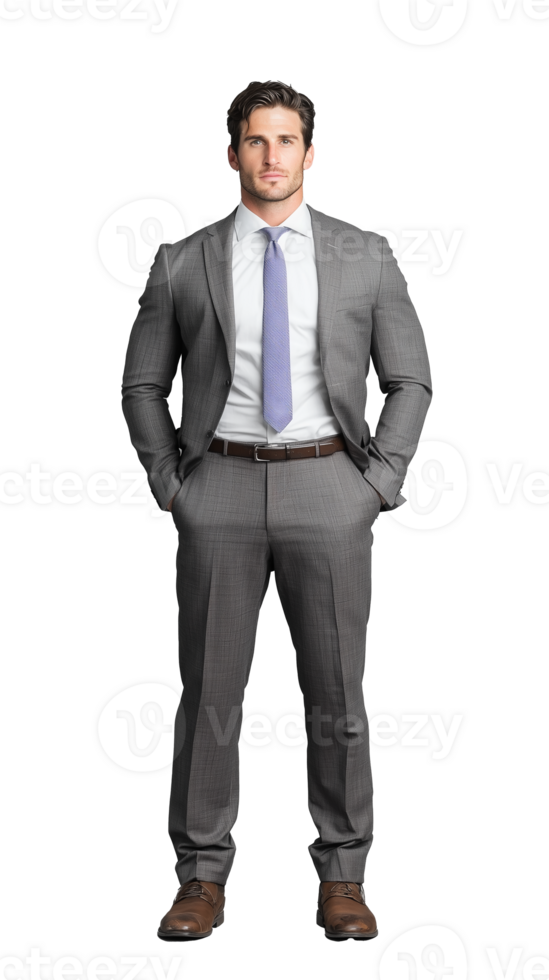 Man in gray suit with hands on hips on transparent background png
