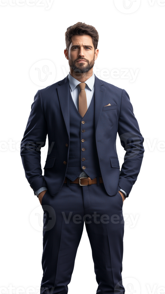 Businessman in dark blue suit with hands in pockets on transparent background png
