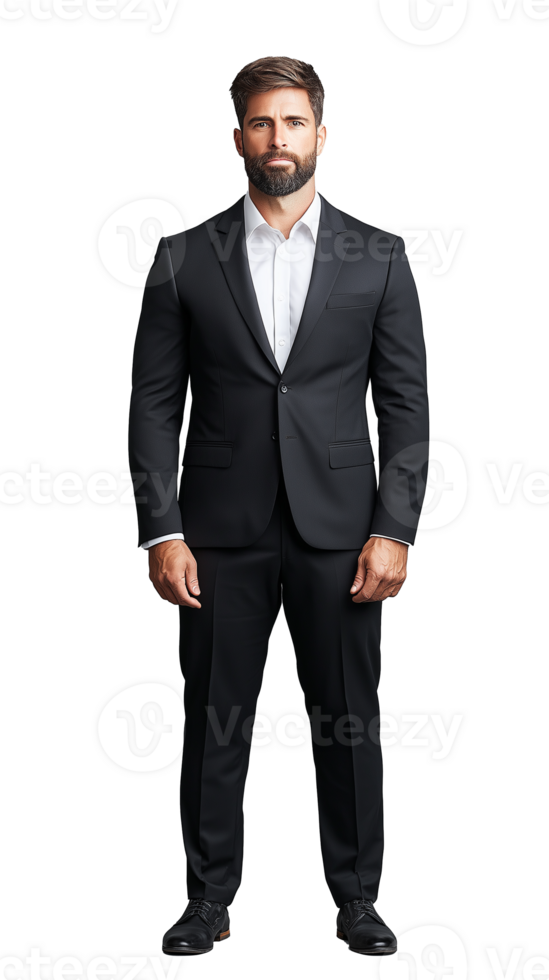 Professional man in tailored black suit standing on transparent background png