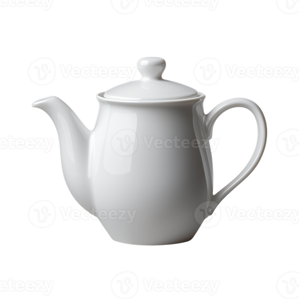 Classic white porcelain teapot with handle on transparent background png