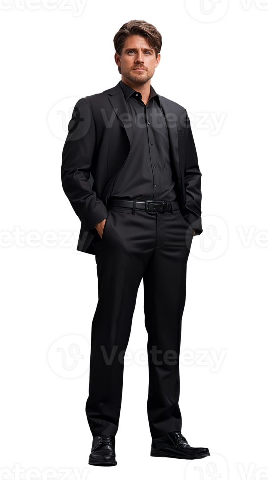 Confident man in black suit with hands in pockets on transparent background png