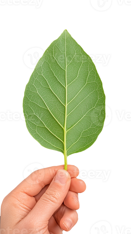 Green leaf held by hand showing natural texture on transparent background png