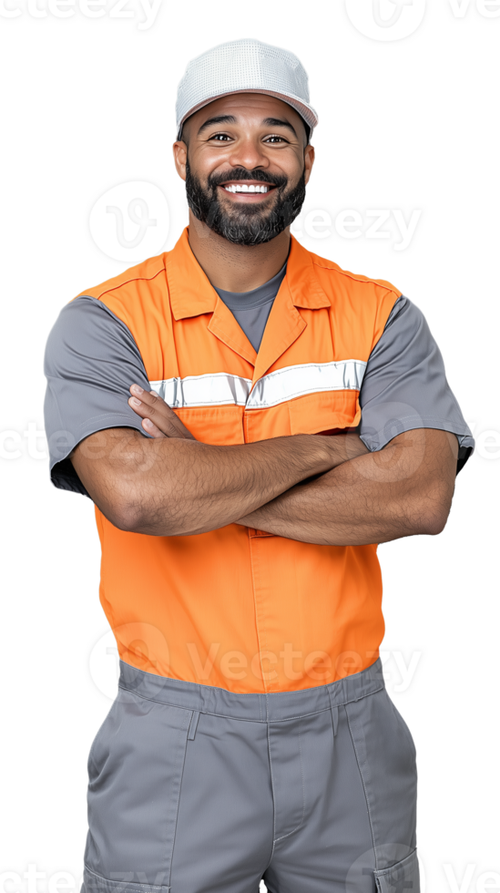 Smiling male worker in orange and gray uniform with arms crossed on transparent background png