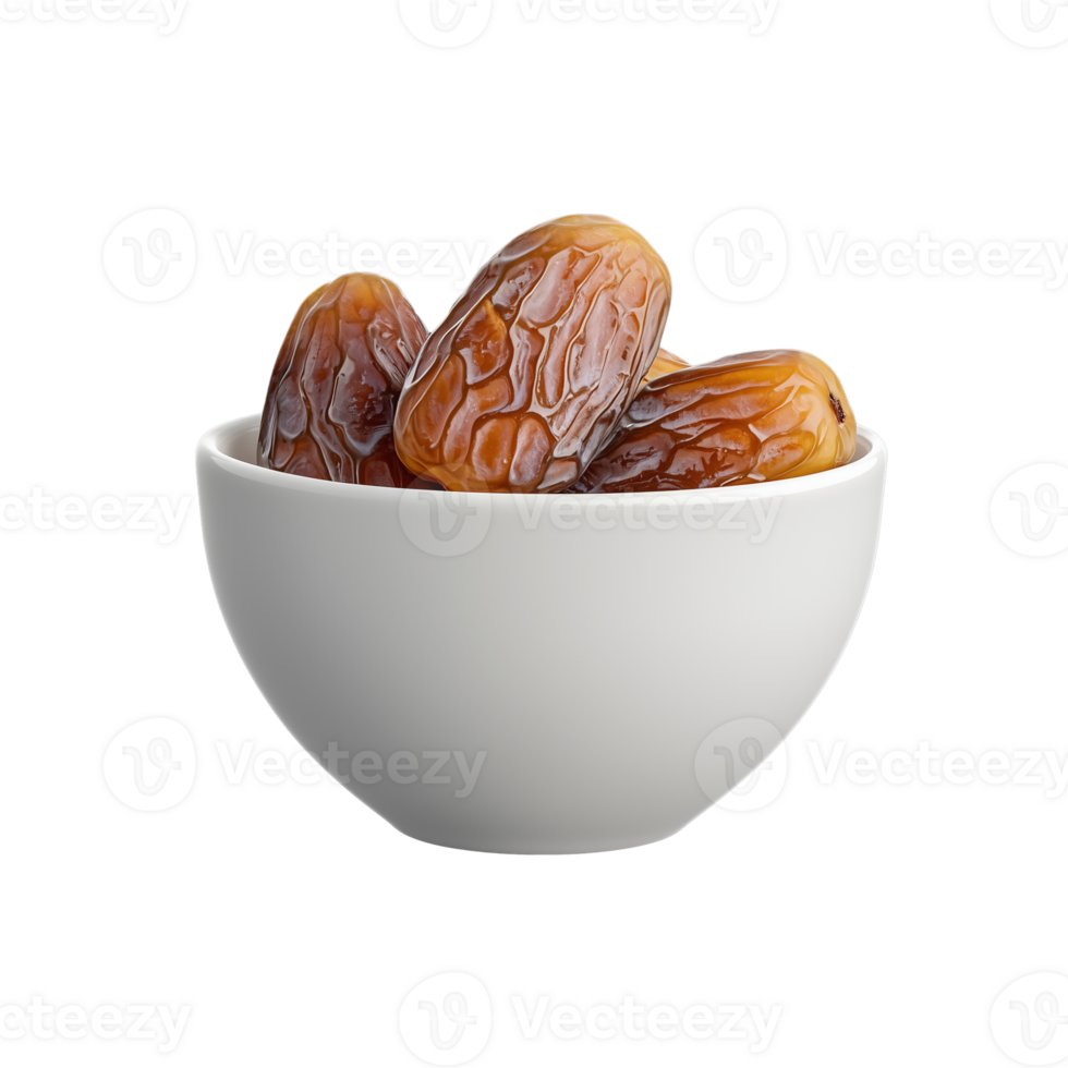 White bowl of fresh dates on a transparent background png