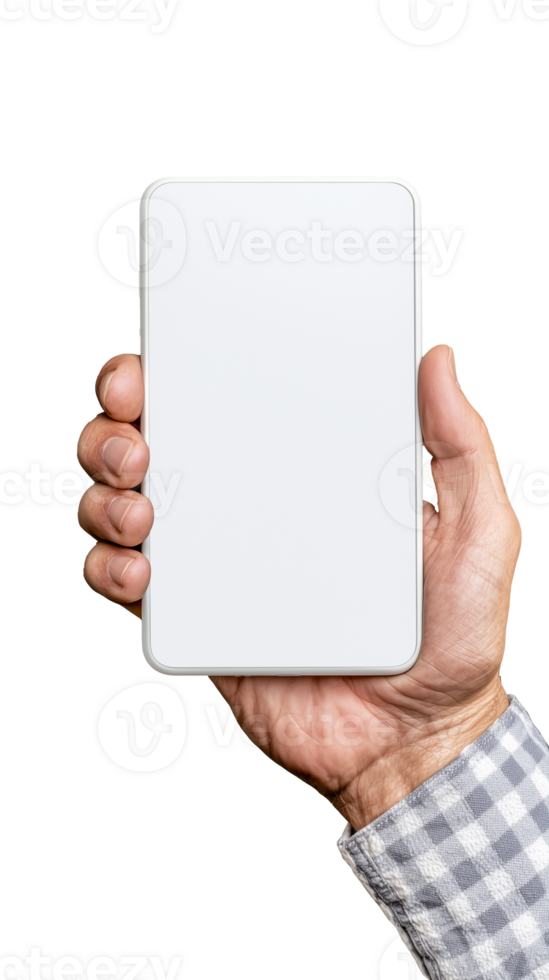Hand holding blank smartphone screen for mockup on transparent background png