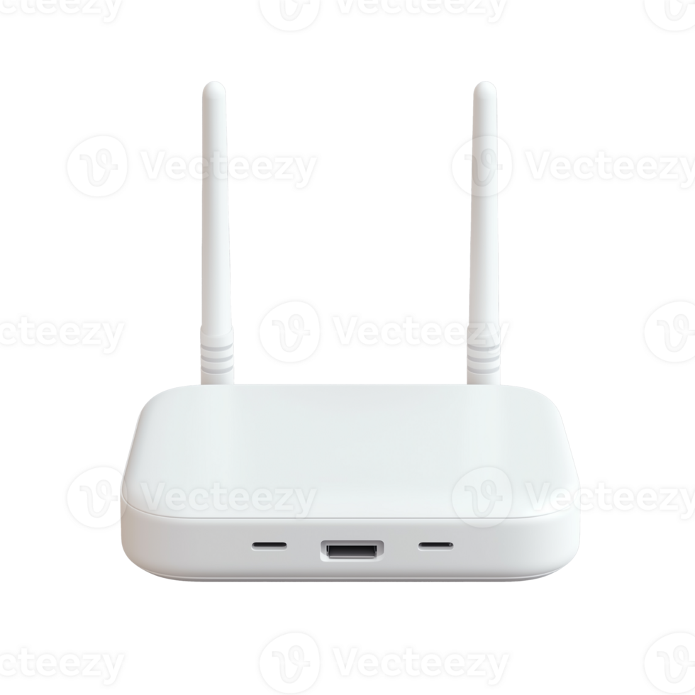 White wireless router with dual antennas on transparent background, representing connectivity and tech use png