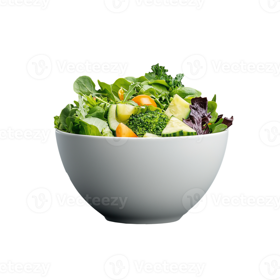 Bowl of mixed leafy green salad with various vegetables on transparent background png