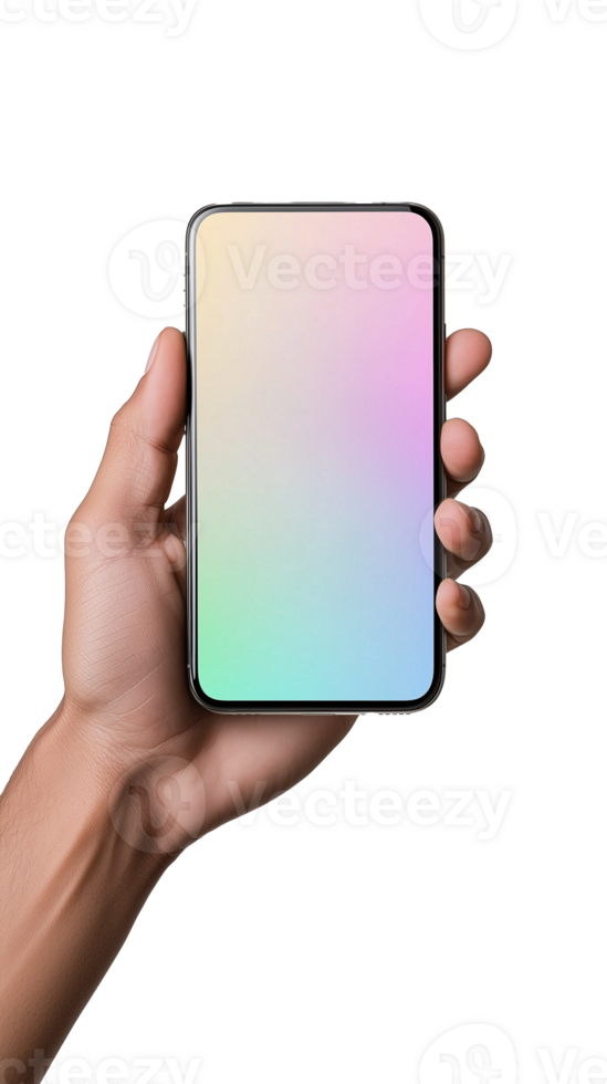 Hand holding blank screen smartphone facing forward on transparent background png