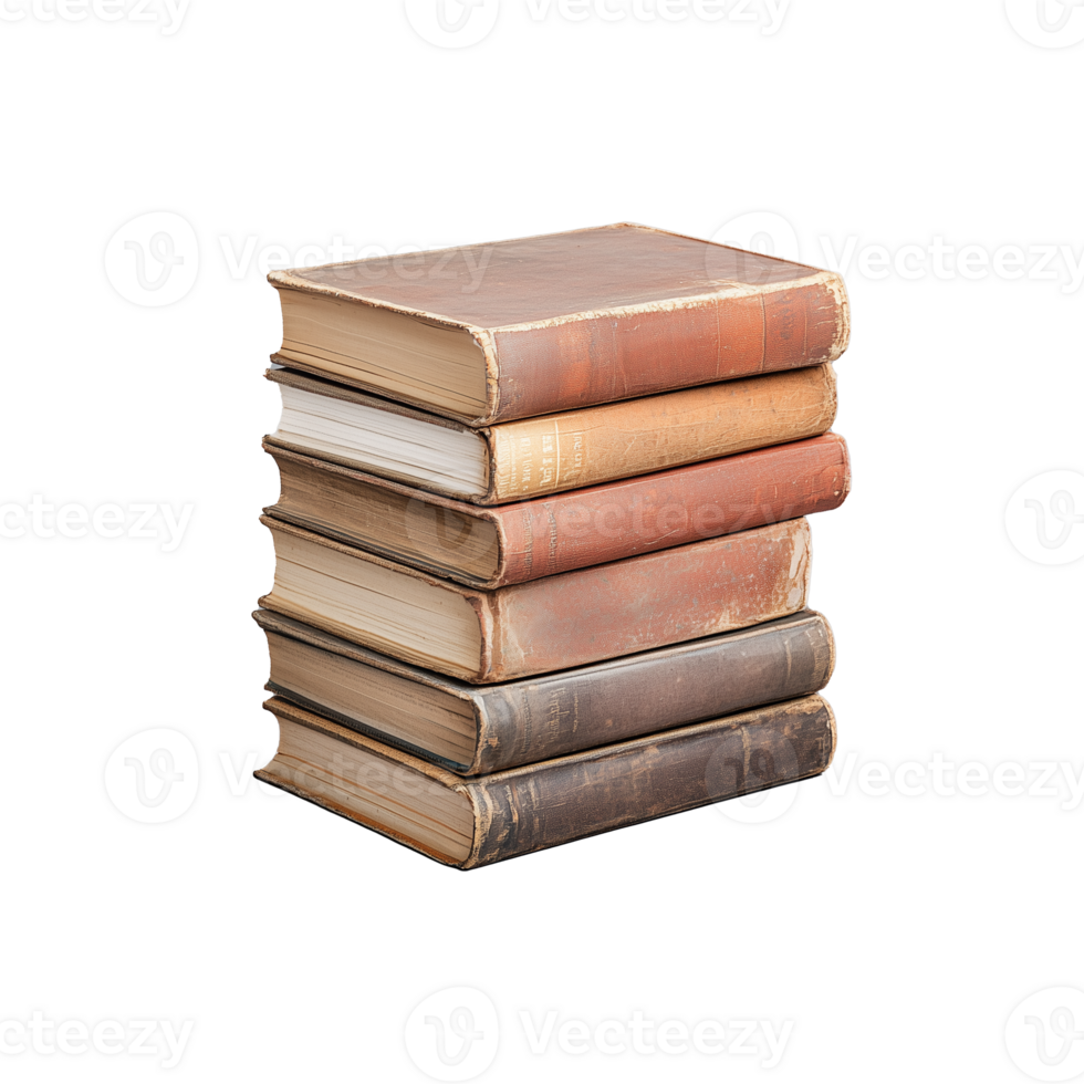 Stack of vintage books with worn covers on transparent background, symbolizing knowledge and history png