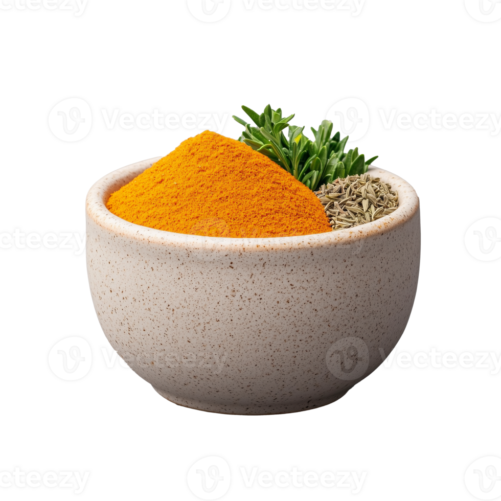 Bowl with colorful spice and herbs, transparent background png