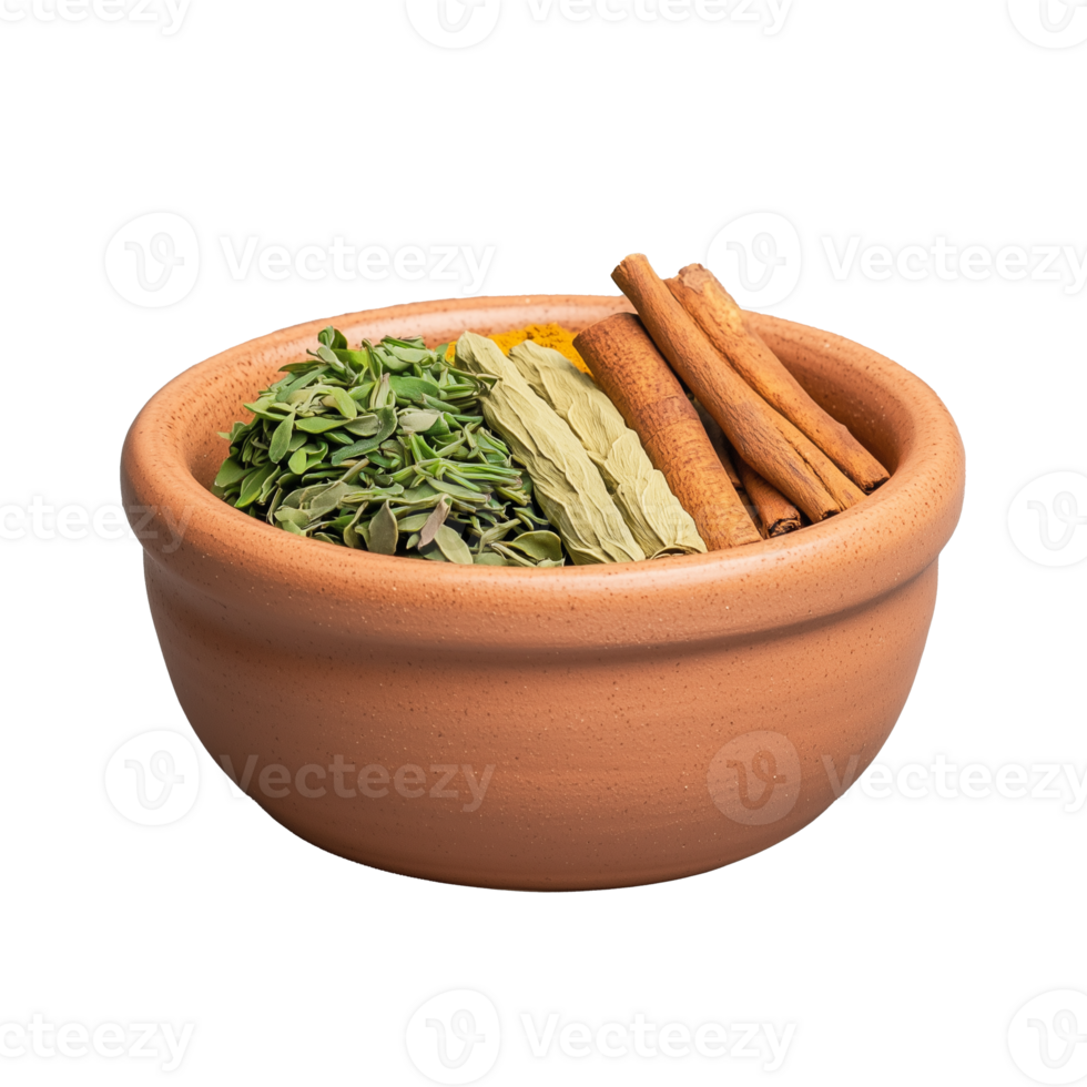 Terracotta bowl with dried herbs and cinnamon sticks, transparent background png