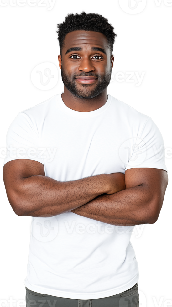 Portrait of man in white t-shirt, arms crossed, standing on transparent background png