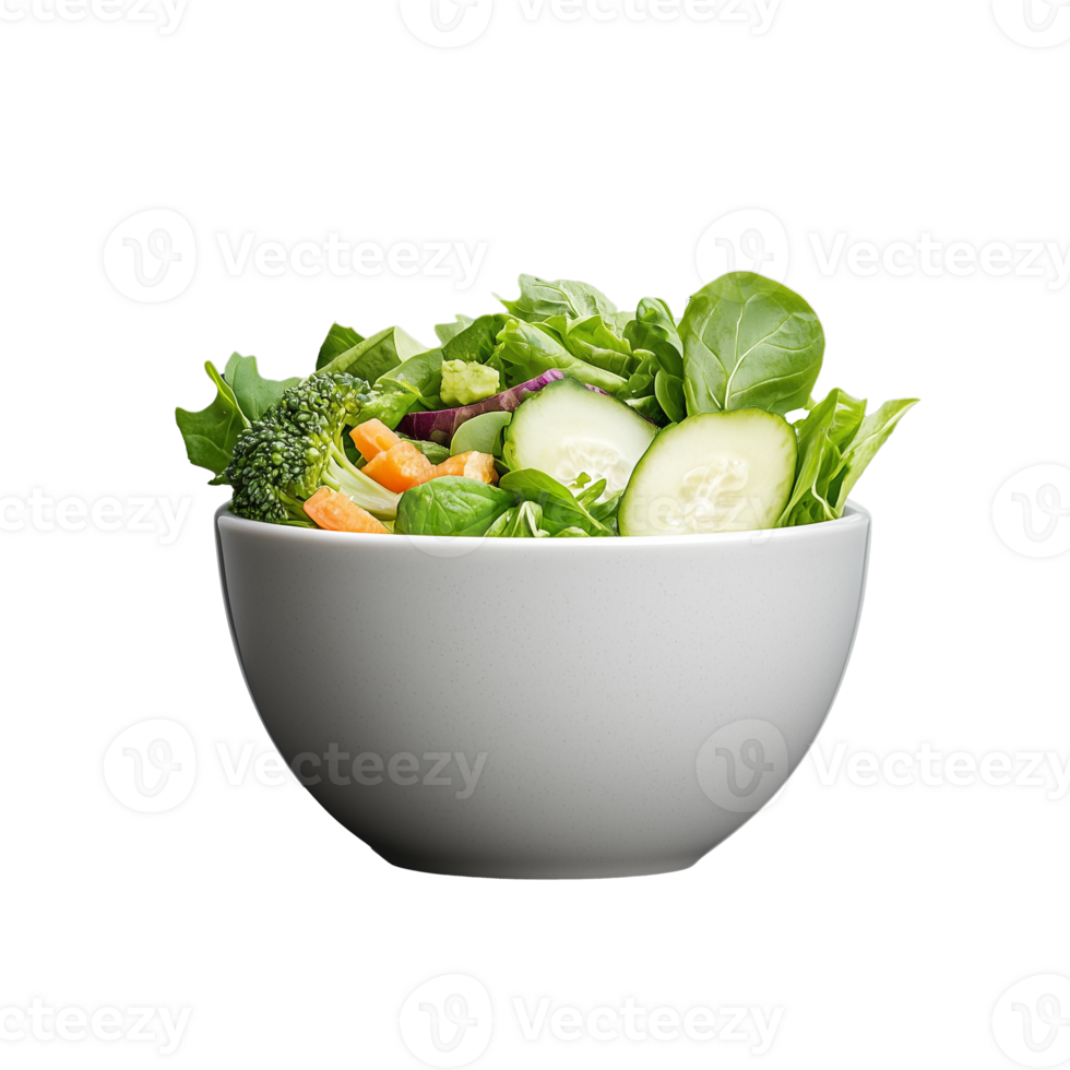 Fresh green salad with cucumbers and tomatoes in a bowl on transparent background png