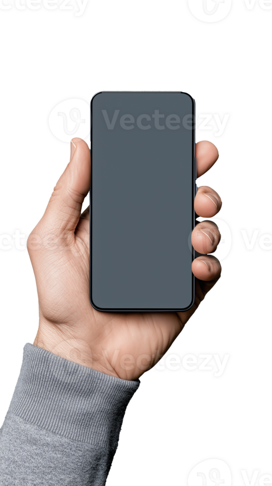 Hand with smartphone showing black screen on transparent background png