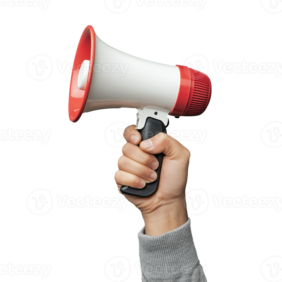 Hand gripping megaphone with red accent on transparent background, representing amplification and broadcast png