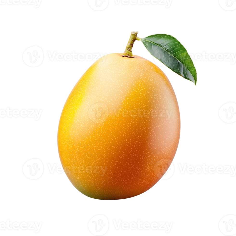 Fresh yellow mango with green leaf on transparent background, symbolizing tropical and nutritious fruit png