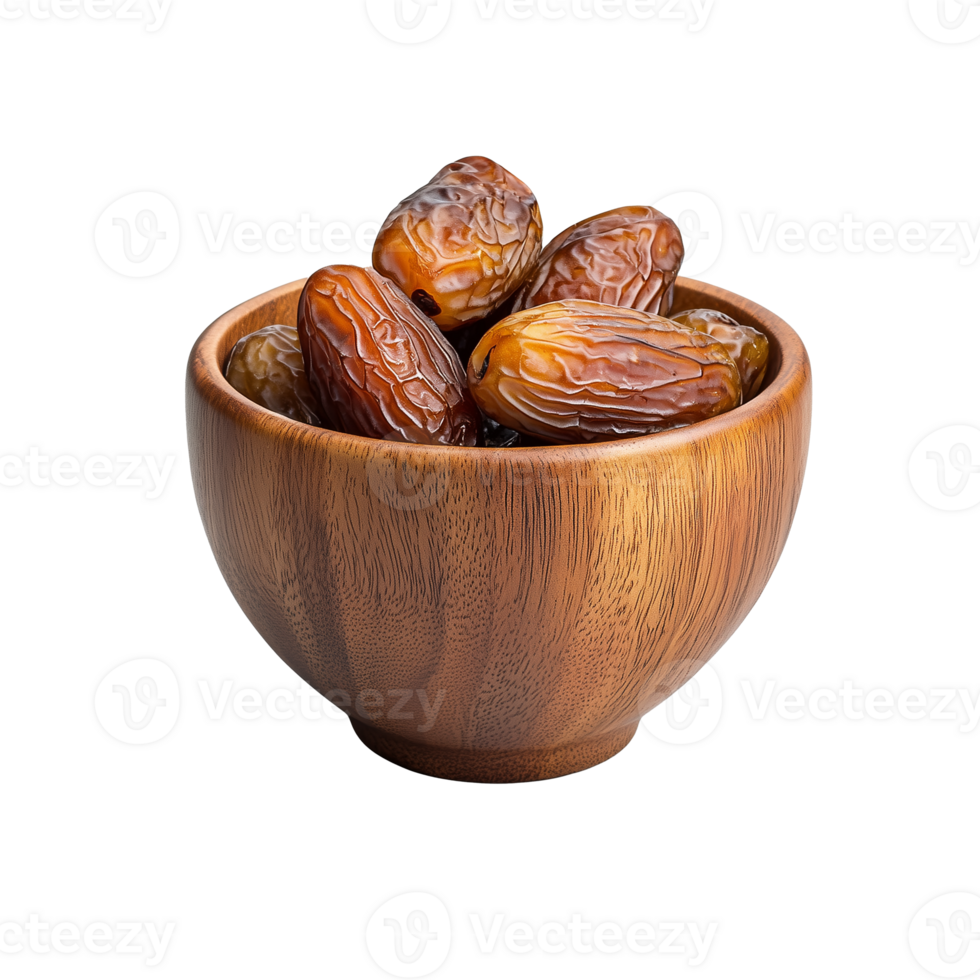 Wooden bowl filled with fresh dates on transparent background png