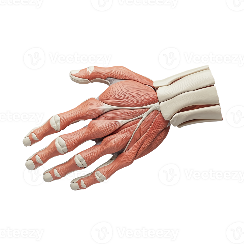 Anatomical model of hand muscles and tendons on transparent background png