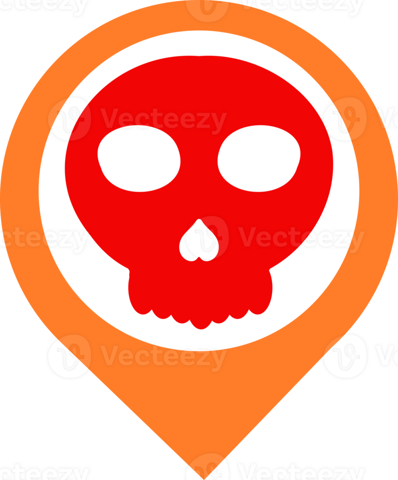 skull with a red face and orange pin on a map png