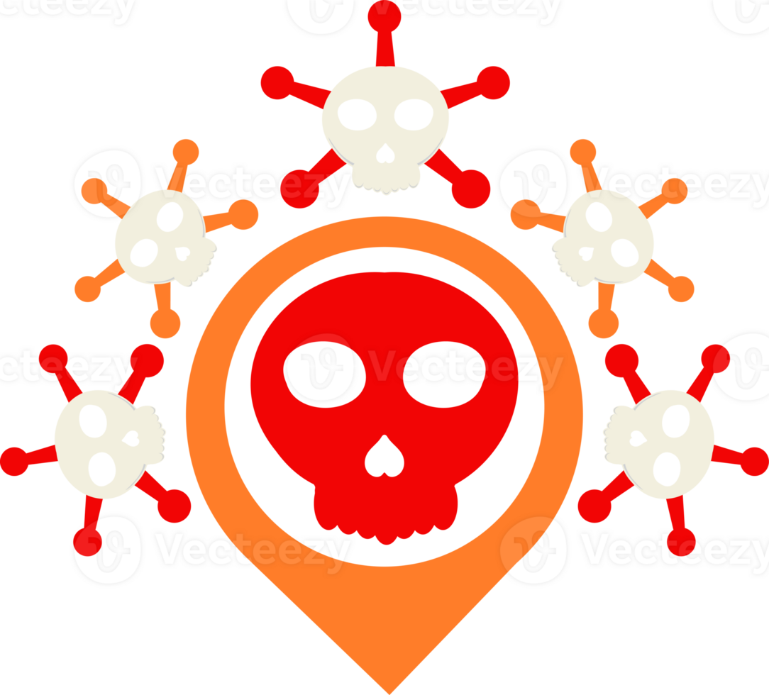 red skull with a red and orange pin on a map png