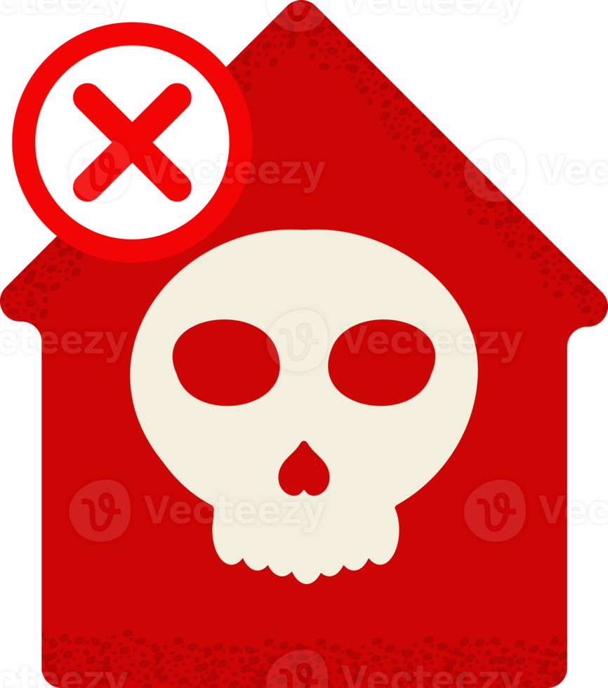 a red house with a skull and a no sign png