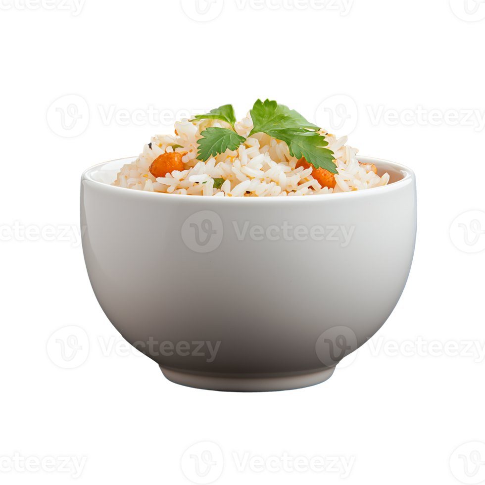 Bowl of mixed vegetable rice with garnish on transparent background, suitable for culinary and healthy meals png