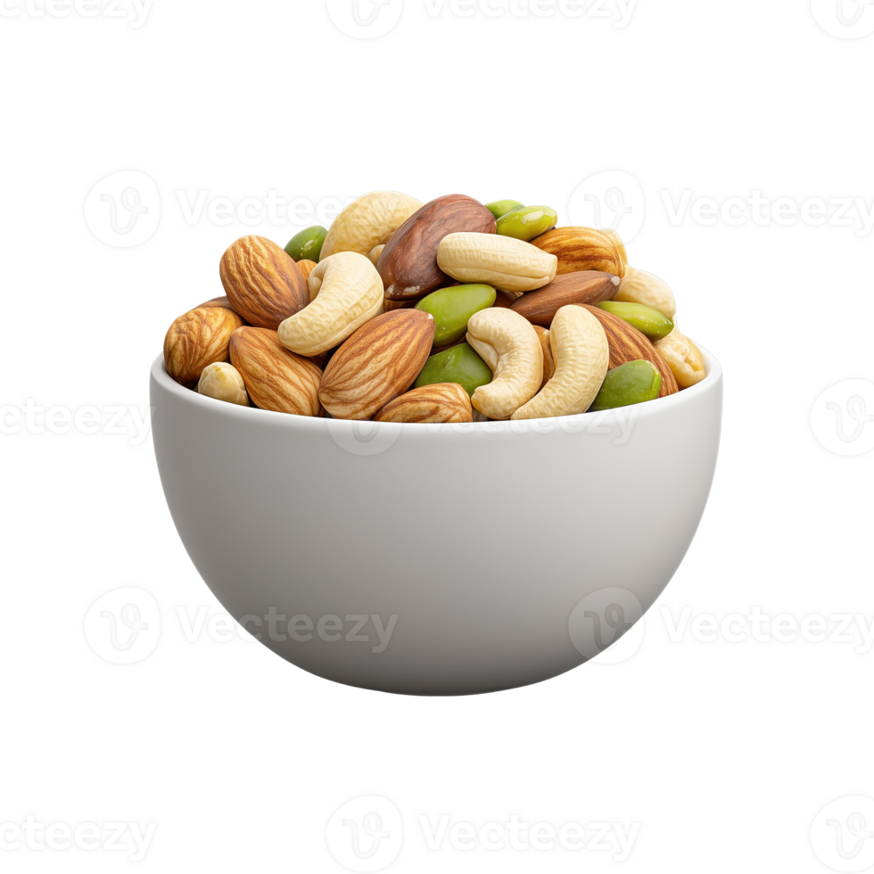 Assorted nuts in a white bowl on transparent background, highlighting healthy snack and nutritional value png