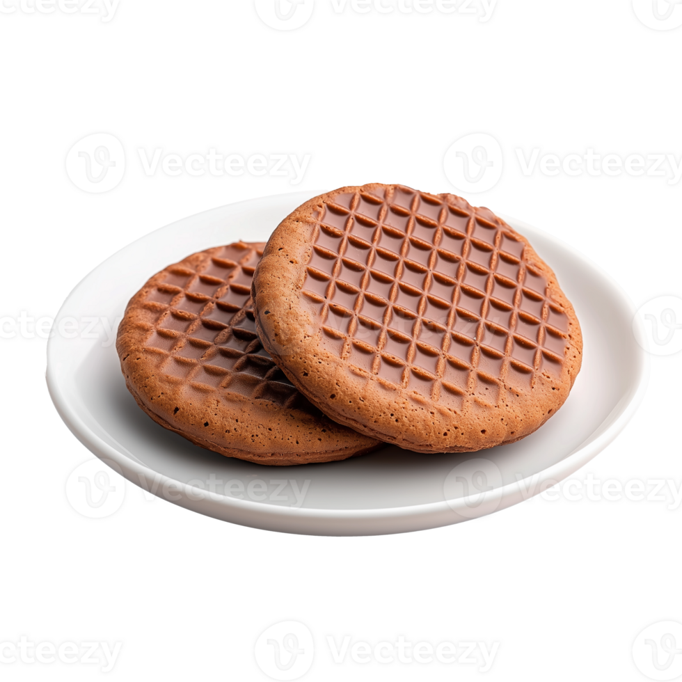 Stack of chocolate cookies on a white plate on transparent background, ideal for dessert or snack presentation png