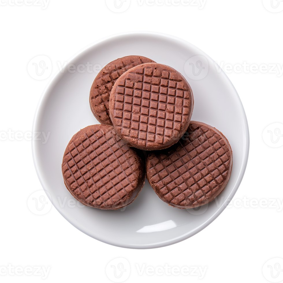 Chocolate sandwich cookies on a white plate with waffle pattern on transparent background, perfect for snacks png