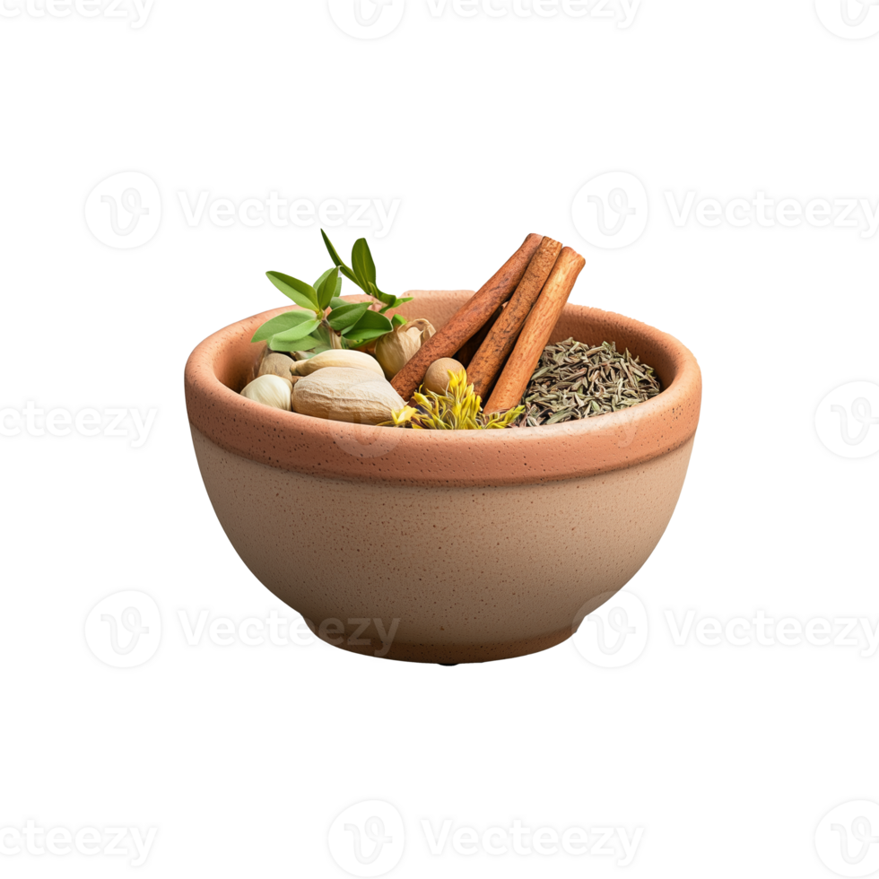 Bowl of assorted spices and nuts on transparent background, ideal for culinary or healthy snack themes png