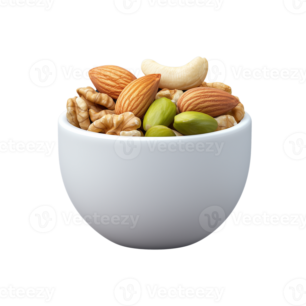 Mixed nuts in a white bowl on transparent background, emphasizing healthy snack and nutrition png