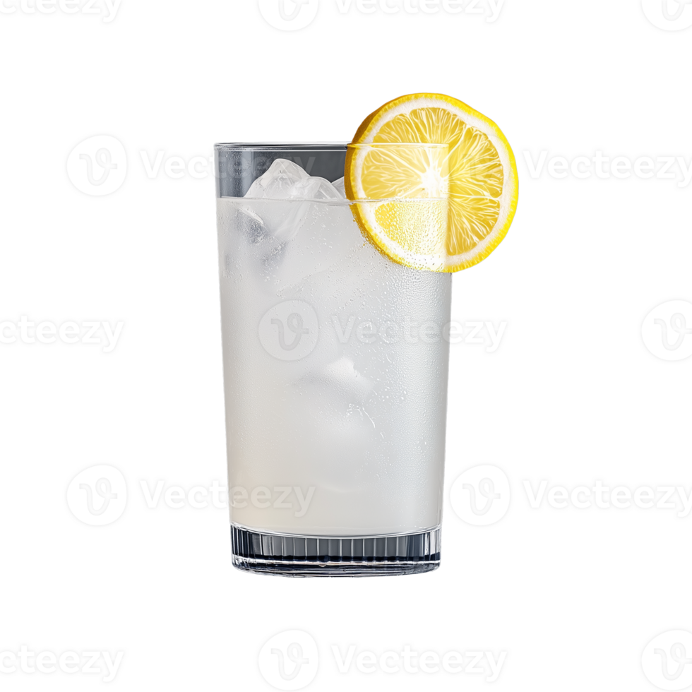Iced lemonade in glass with lemon slice on transparent background, highlighting refreshing beverage png