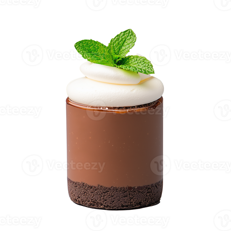 Chocolate mousse dessert with mint leaf garnish on transparent background, ideal for gourmet presentation png