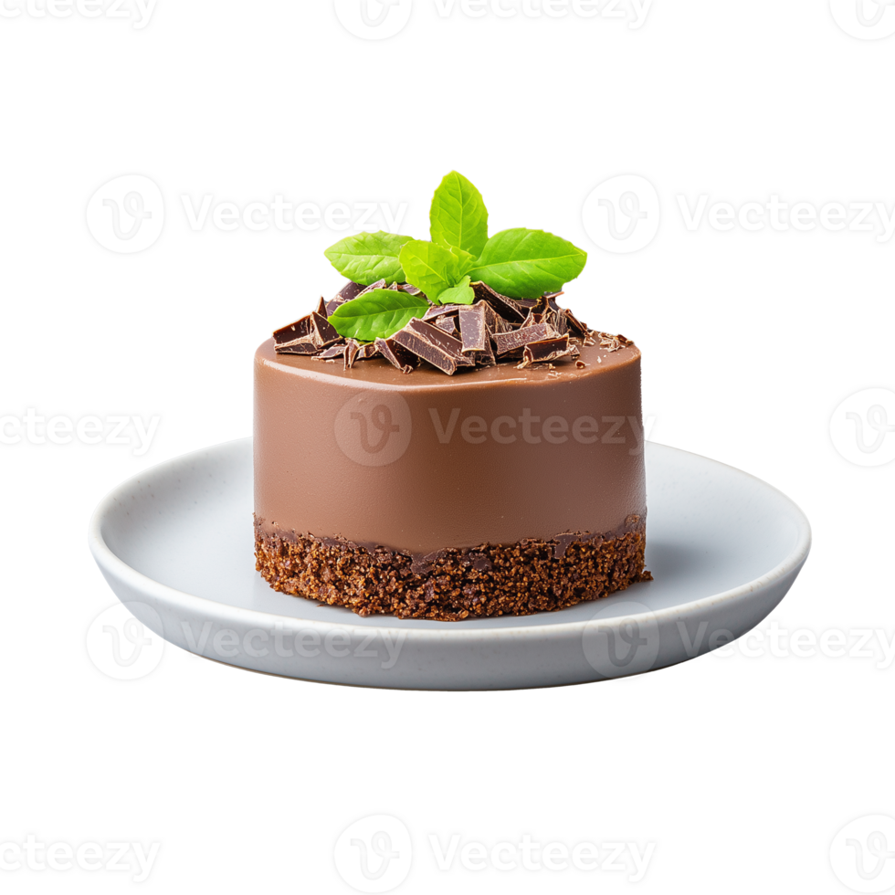 Chocolate dessert with mint garnish on white plate on transparent background, representing freshness png
